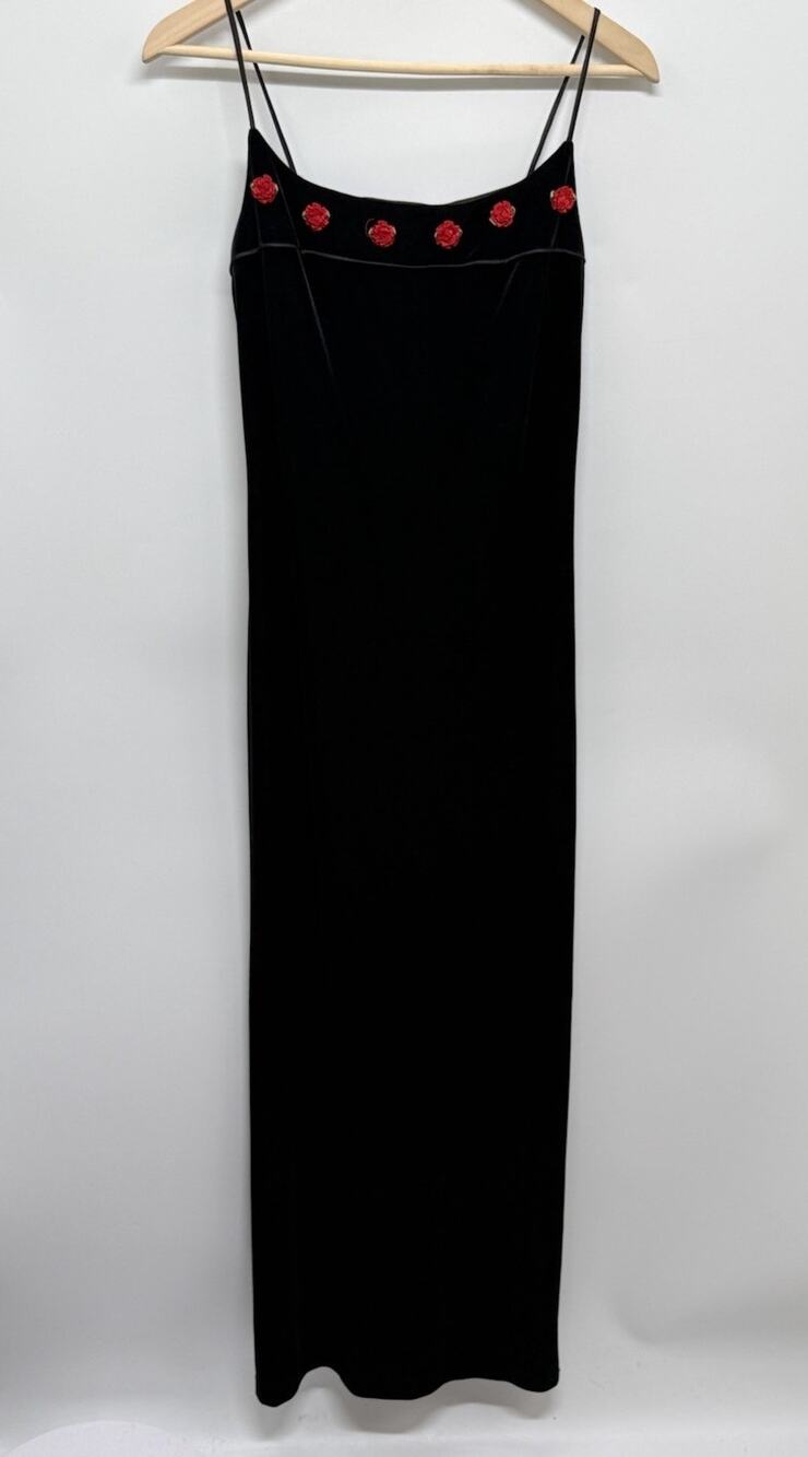 VTG 90s Betsy & Adam Black Velvet LaceUp Maxi Dress Red Rosettes 11/12 Flawed